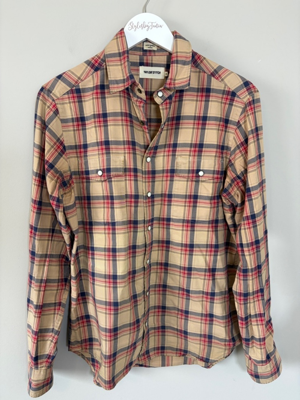 Taylor Stitch Glacier Pearl Snap shirt tan plaid cotton Mens sz 38 US S